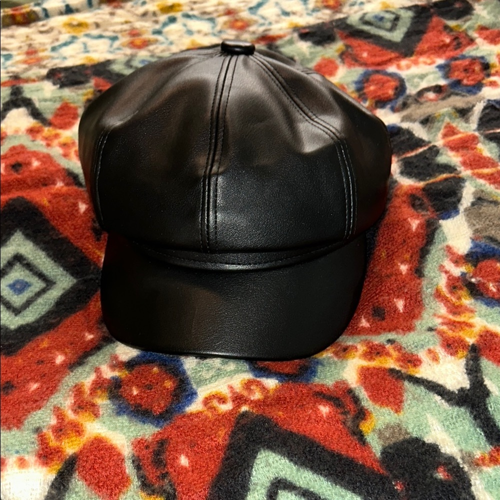 Black Leather Newsboy Cap